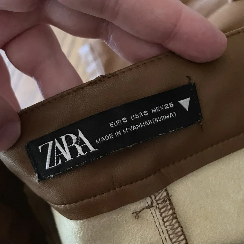 Zara Women S Caramel Brown Faux Leather 90s High-Rise Straight Leg Pants